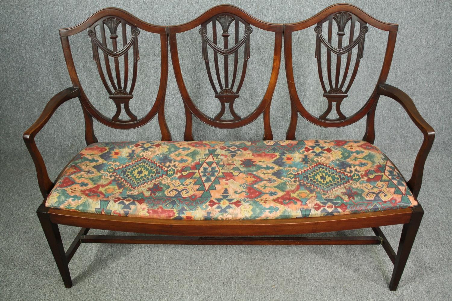 Bench sofa, Georgian style mahogany with triple Hepplewhite shield back. H.102 W.135 D.48cm. - Image 4 of 7