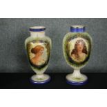 Vases, a pair, late 19th century milk glass, hand gilded with transfer portraits. H.38cm. (each)