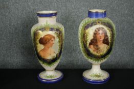 Vases, a pair, late 19th century milk glass, hand gilded with transfer portraits. H.38cm. (each)