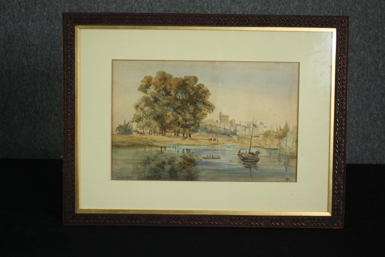 Watercolour, 19th century boating on the Thames near Windsor, initialled lower right, framed and - Image 2 of 4