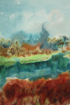 A framed and glazed watercolour, Impressionist style lake in a wooded area, signed and dated Tadeusz