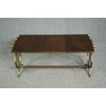 Coffee table, vintage brass with inset mahogany planked top. H.45 W.86 D.43cm.