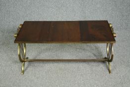 Coffee table, vintage brass with inset mahogany planked top. H.45 W.86 D.43cm.