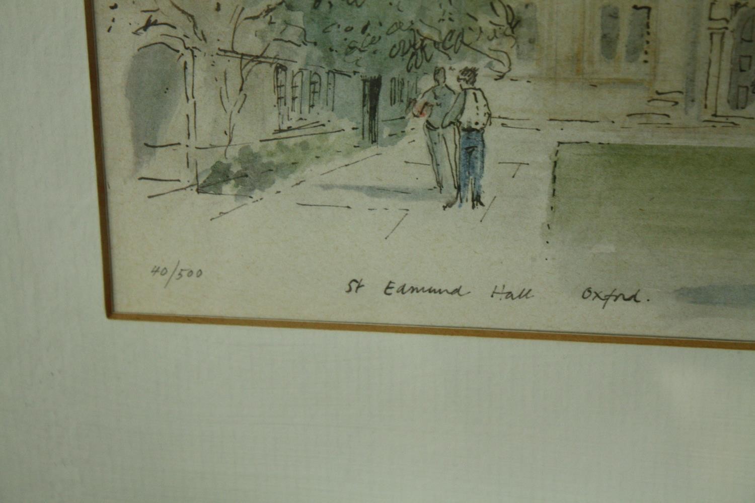 A framed and glazed signed limited edition etching, St. Edmund Hall, Oxford. Indistinctly signed - Image 4 of 5