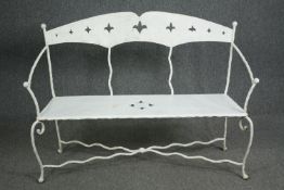 Garden or conservatory bench, C.1900 painted wrought iron and metal. H.38 W.135 D.48cm.