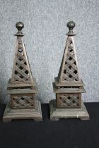 A pair of brass obelisks with basket weave design. H.39cm. (each)