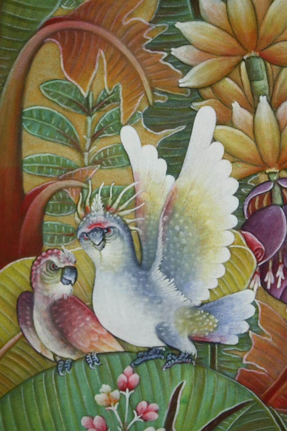 Acrylic on canvas, a variety of exotic birds in a Balinese jungle, signed. H.122 W.40cm. - Bild 2 aus 5