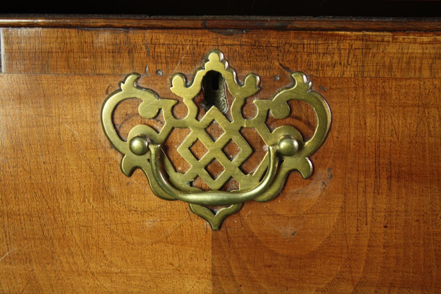 Chest of drawers, early Georgian crossbanded walnut on base fitted with drawer. H.133 W.96 D.47cm. - Image 6 of 8
