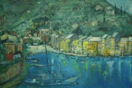 Oil on canvas, Mediterranean port town, unsigned. H.36 W.46cm.