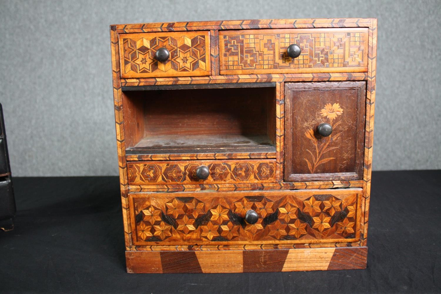 A 19th century parquetry table top cabinet, a Chinere lacquered miniature chest and a Victorian - Image 4 of 11