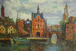 Oil on canvas, Impressionist style Flemish barges on a canal, indistinctly signed. H.37 W.46cm.