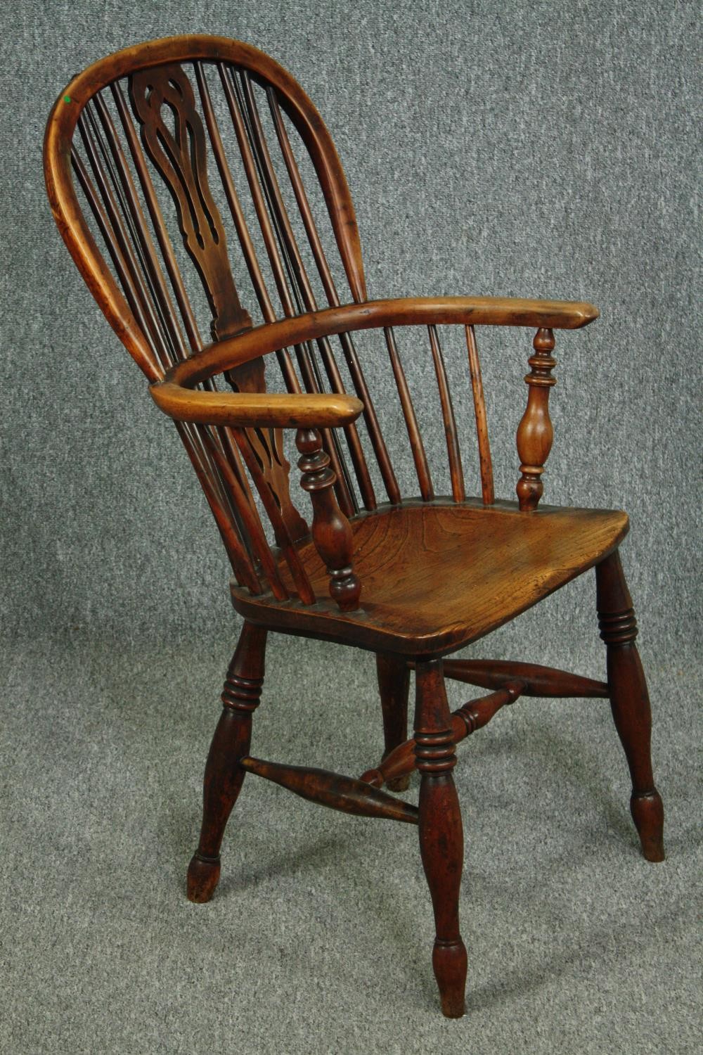 A 19th century elm and yew Windsor armchair with hooped back and pierced splat on turned stretchered - Image 2 of 7