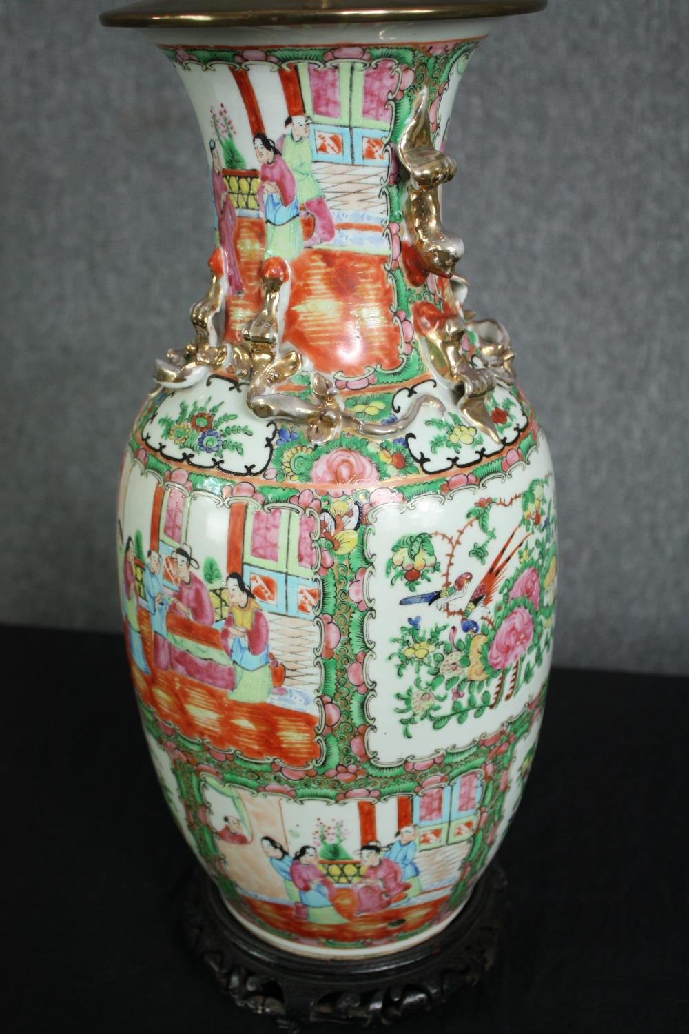 Vase, Chinese early 20th century Famille Rose hand painted porcelain on carved hardwood base, - Image 3 of 7