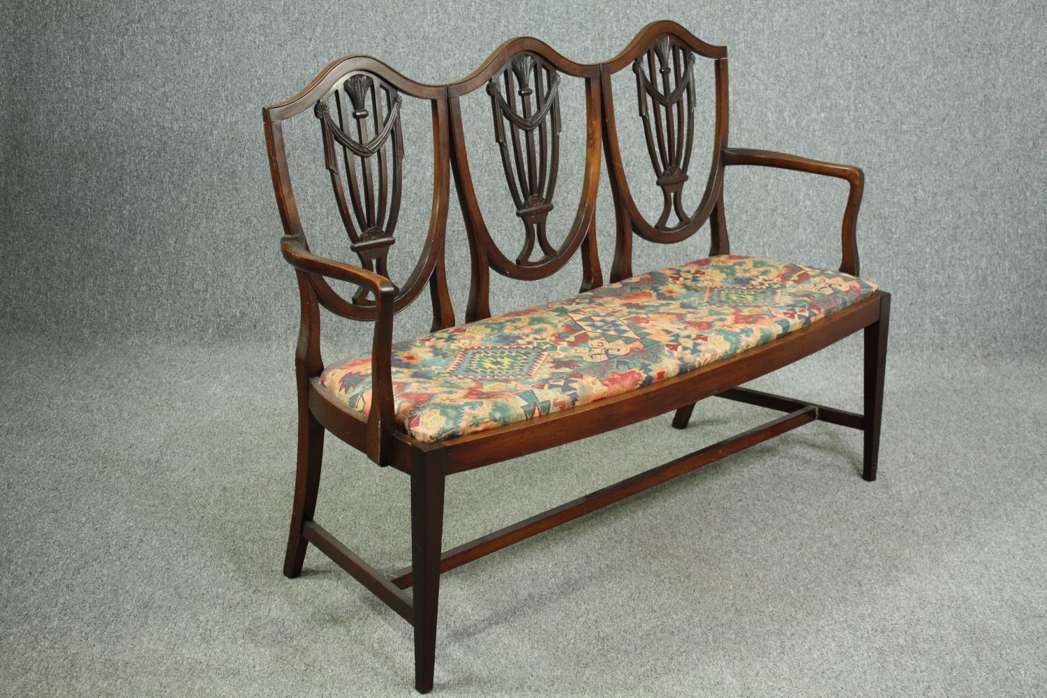 Bench sofa, Georgian style mahogany with triple Hepplewhite shield back. H.102 W.135 D.48cm. - Image 2 of 7
