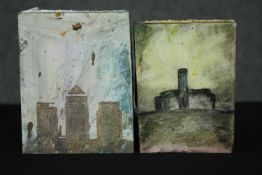 STOT21stCplanB (Harry Adams), two oil and caustic paint works on board. H.12 W.9.5cm. (largest)