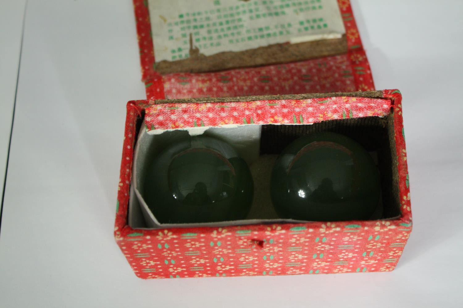 Two Japan lacquered and hand decorated boxes along with boxed glass meditation balls. H.13 W.16 D. - Image 9 of 10