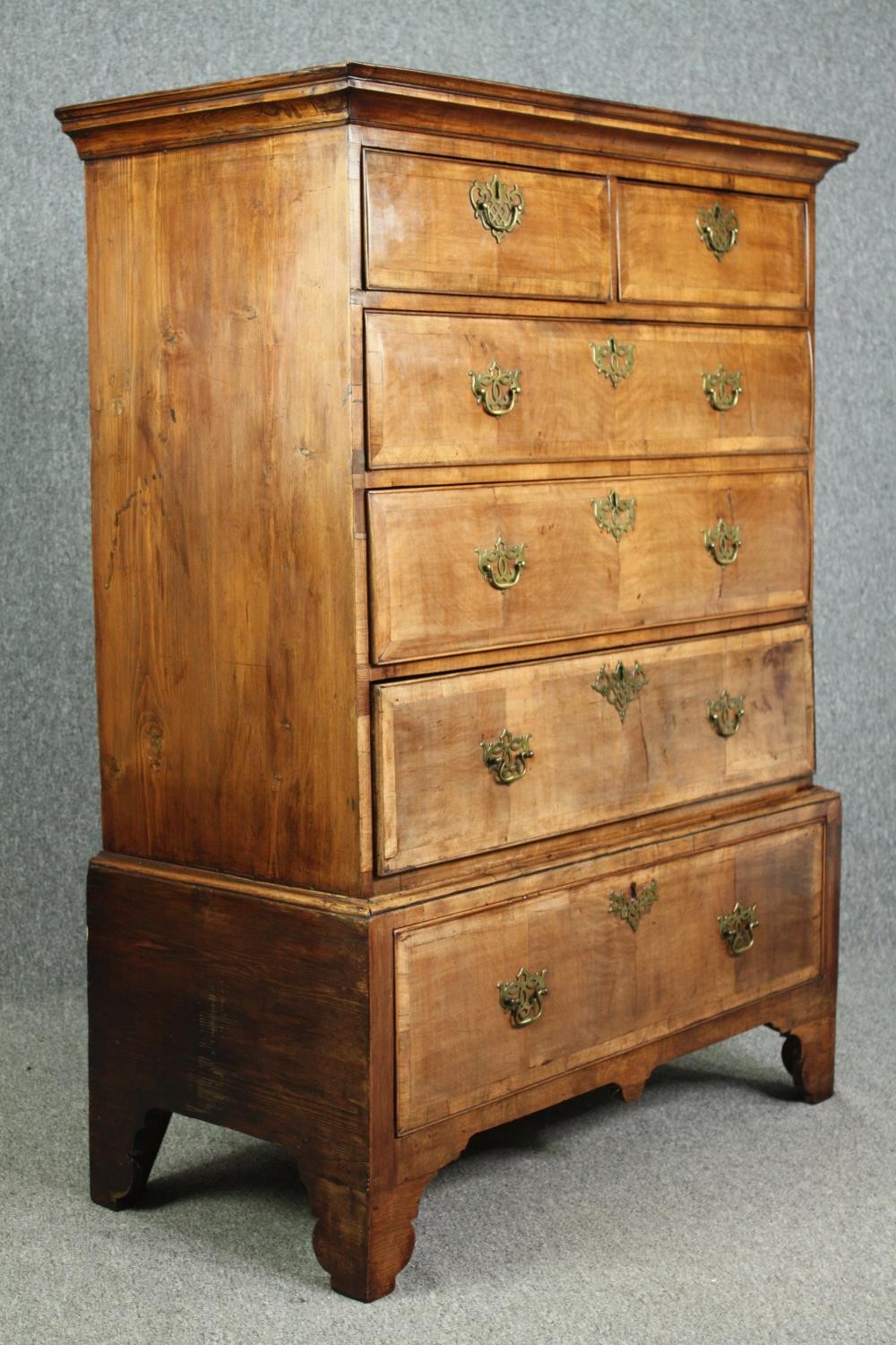 Chest of drawers, early Georgian crossbanded walnut on base fitted with drawer. H.133 W.96 D.47cm. - Image 3 of 8