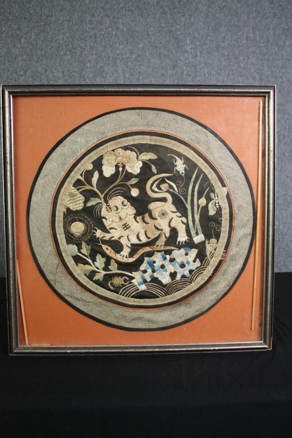 A 19th century Chinese silk embroidery, Lion. Framed and glazed. H.51 W.51cm. - Image 2 of 6