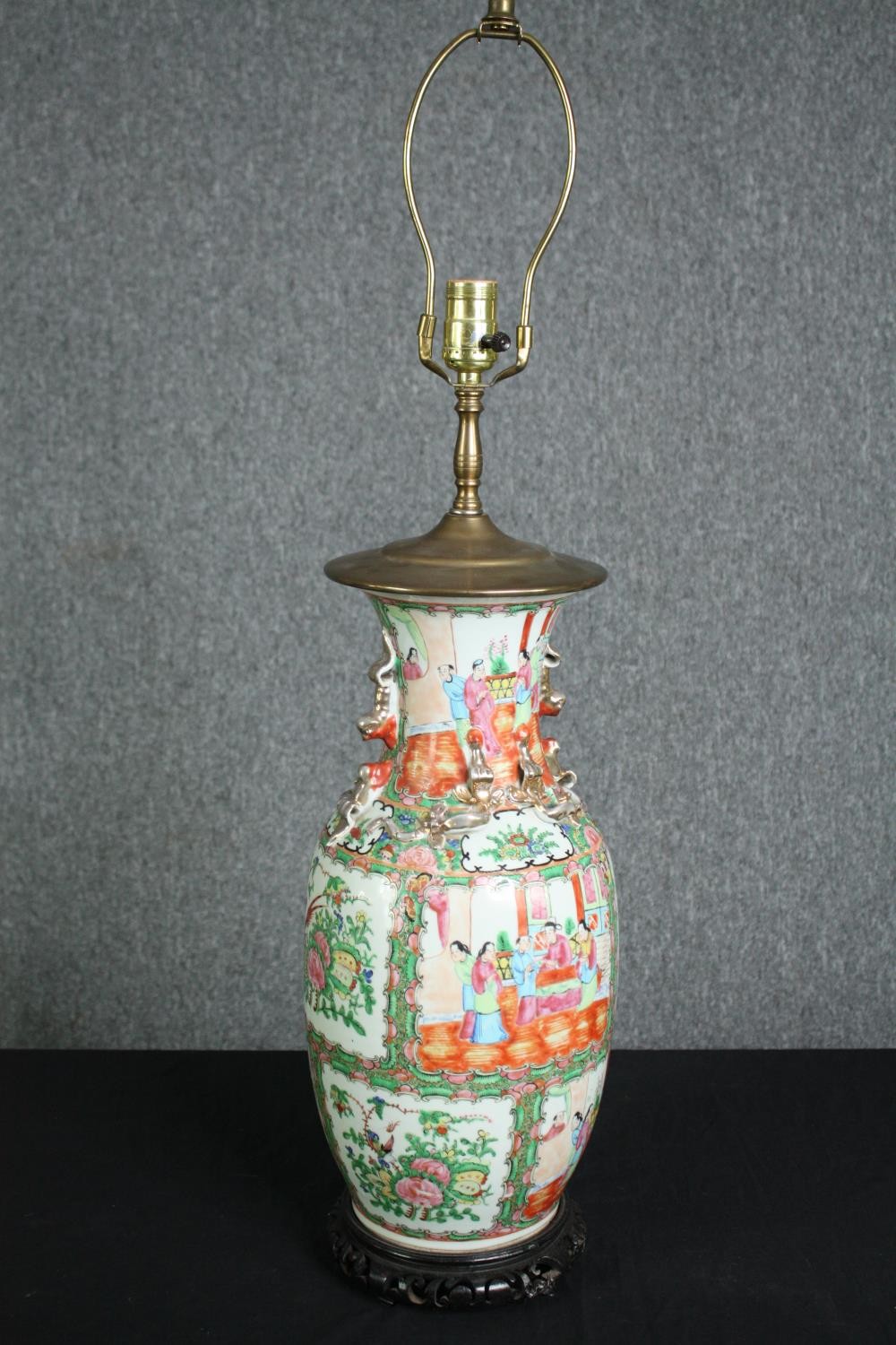 Vase, Chinese early 20th century Famille Rose hand painted porcelain on carved hardwood base,