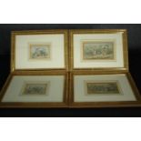 A set of four 19th century hand coloured engravings. Framed and glazed. H.29 W.39cm. (each)