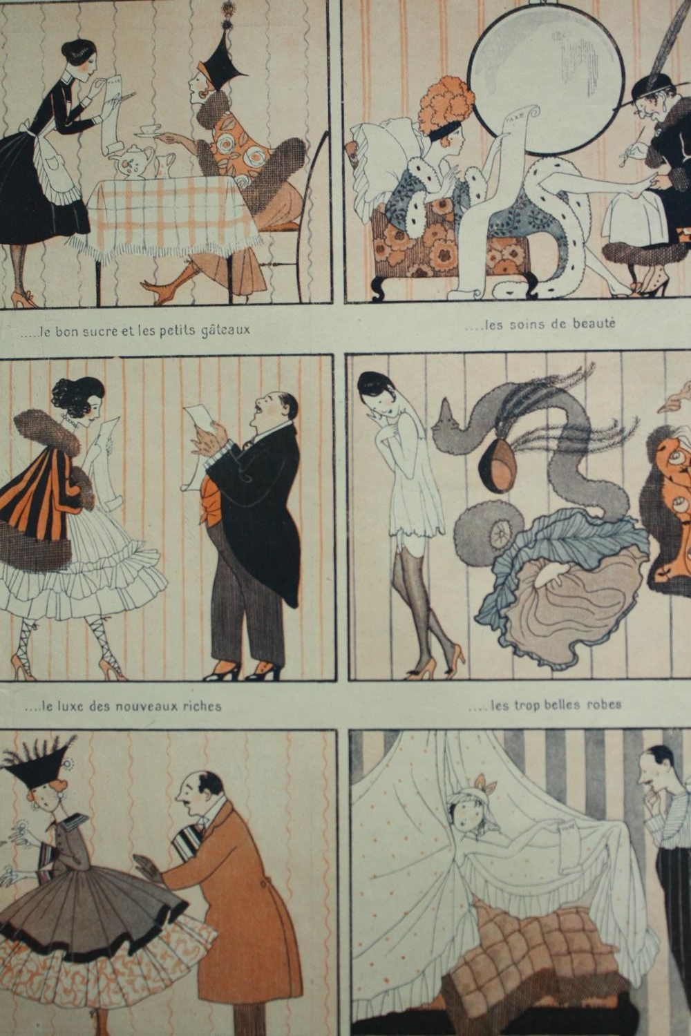 A set of three French Art Deco fashion prints in the form of a comic strip. H.51 W.33cm. (each) - Image 7 of 7