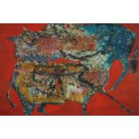 Laszlo Sari Schalk, watercolour, abstract study of two bulls, signed and dated. H.65 W.78cm.