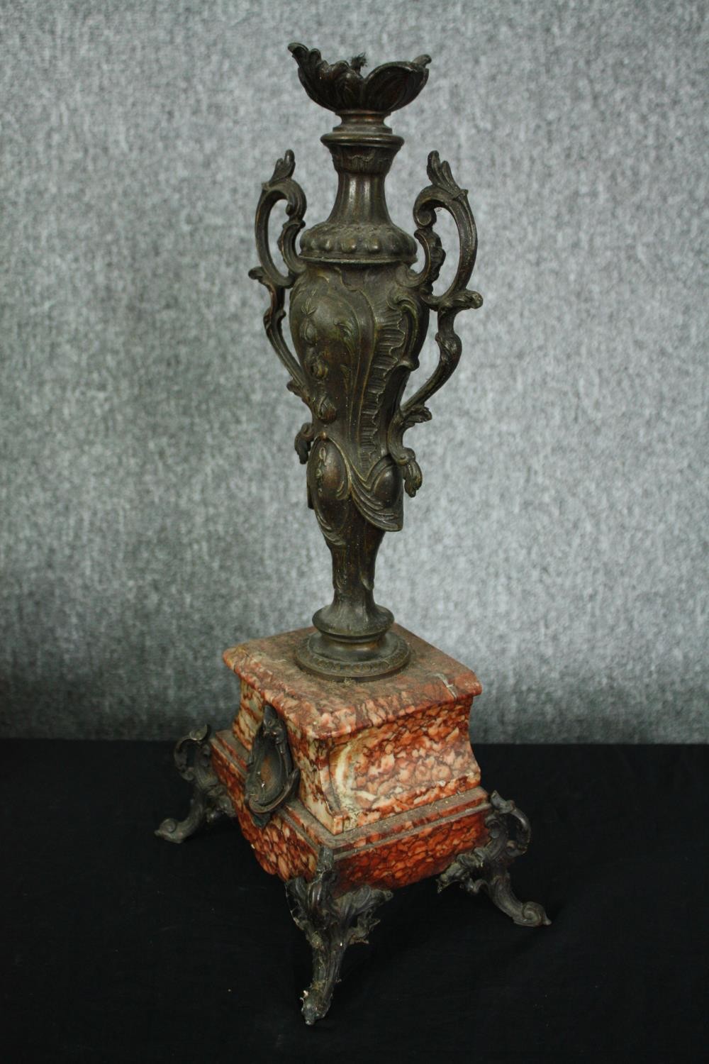 A pair of 19th century spelter and rouge marble urns converted to electricity. H.52cm. (each) - Image 4 of 8