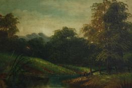 Oil on board, 19th century English school riverscape, unsigned, gilt framed. H.38 W.48cm.