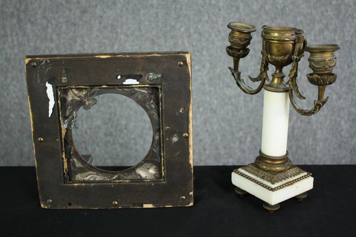 A small 19th century gilt metal and marble candelabra along with metal frame decorated with - Image 8 of 8