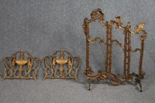 A vintage brass umbrella stand along with a miniature brass Rococo screen and two desk stands. H.