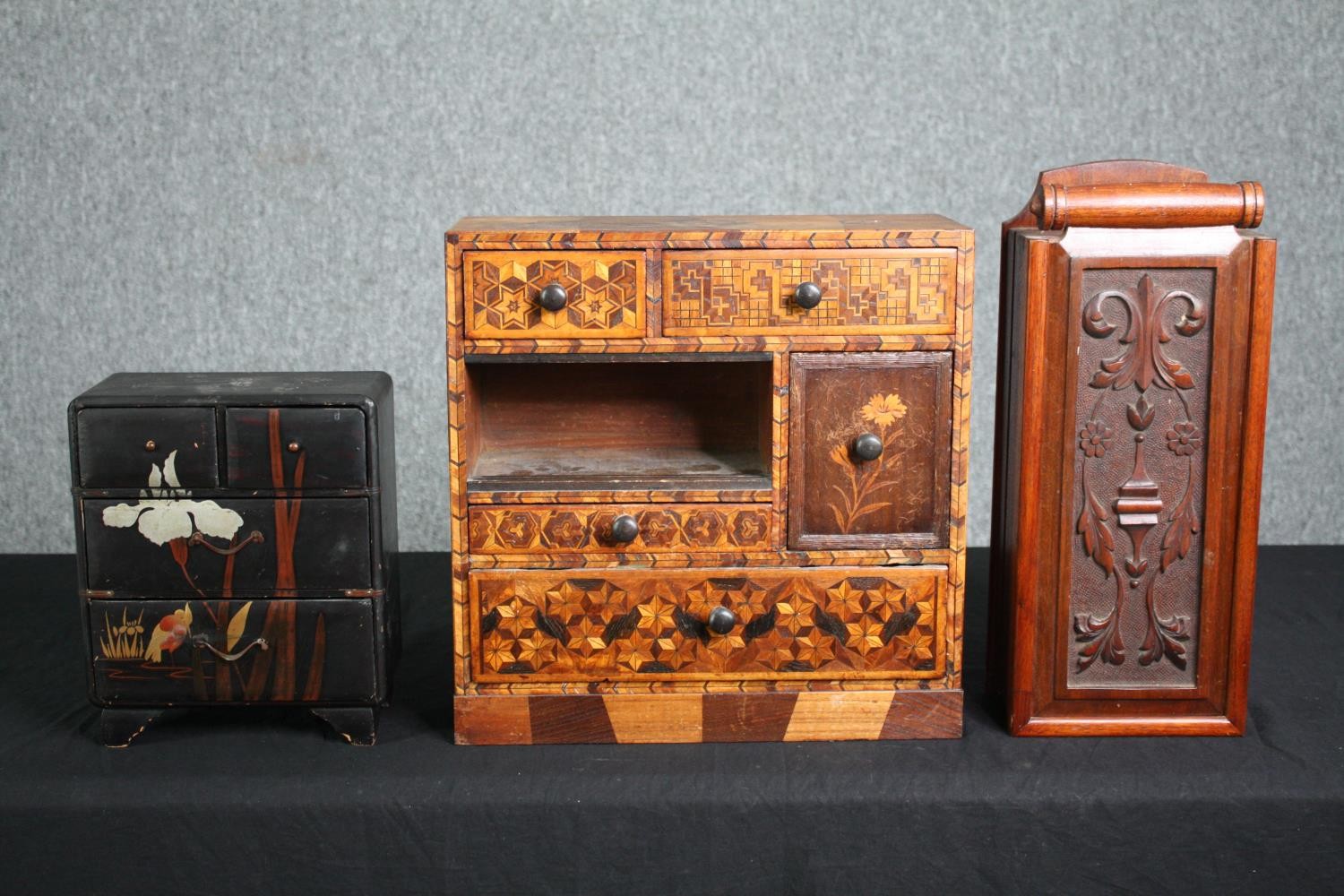 A 19th century parquetry table top cabinet, a Chinere lacquered miniature chest and a Victorian