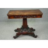 Tea table, late Regency rosewood on profusely carved base. H.71 W.91 D.90cm. (ext)