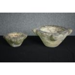 Two vintage stone mortars. H.16 W.30 D.30cm. (largest)