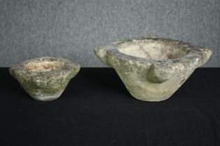 Two vintage stone mortars. H.16 W.30 D.30cm. (largest)