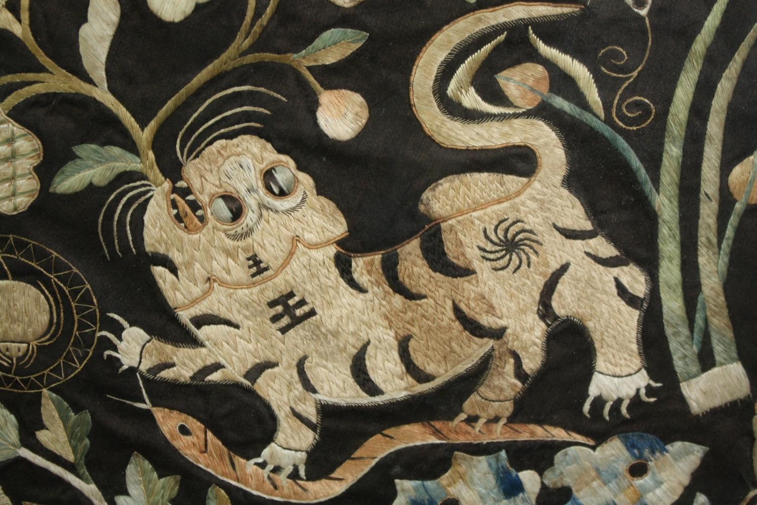 A 19th century Chinese silk embroidery, Lion. Framed and glazed. H.51 W.51cm. - Image 3 of 6