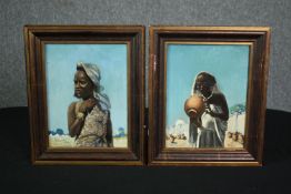 Oil paintings on board, a pair, African tribal portraits, indistinctly signed. H.35 W.29cm. (each)