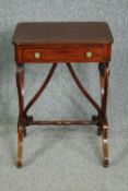 Lamp table, mid century mahogany on lyre supports. H.74 W.53 D.41cm.