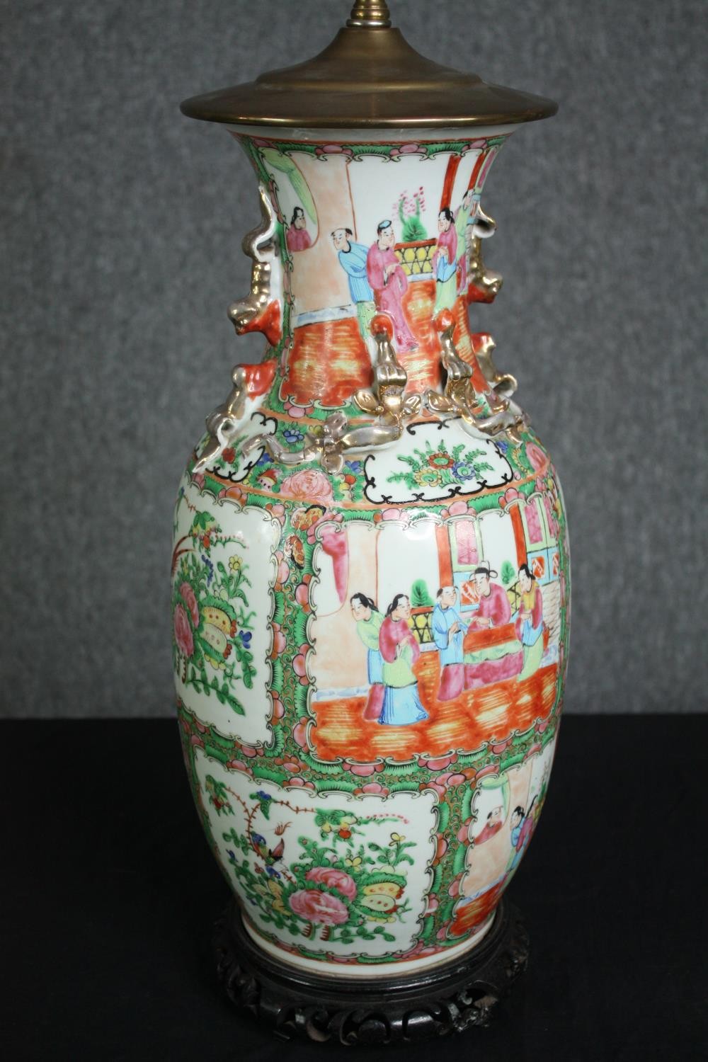 Vase, Chinese early 20th century Famille Rose hand painted porcelain on carved hardwood base, - Image 2 of 7