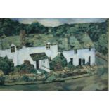 Acrylic on canvas, Cornish cottages, Mary Heys, label to the reverse. H.55 W.69cm.