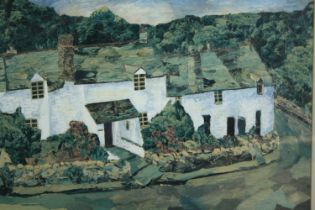 Acrylic on canvas, Cornish cottages, Mary Heys, label to the reverse. H.55 W.69cm.