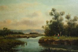 Oil on canvas, English school riverscape, indistinctly signed, unframed. H.27 W.39cm.