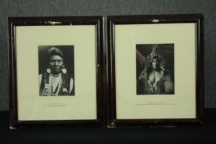 A pair of framed and glazed black and white photographs of Native American chiefs with inscription