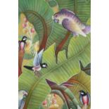 Acrylic on canvas, a variety of exotic birds in a Balinese jungle, signed. H.122 W.40cm.