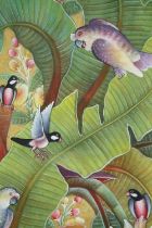 Acrylic on canvas, a variety of exotic birds in a Balinese jungle, signed. H.122 W.40cm.
