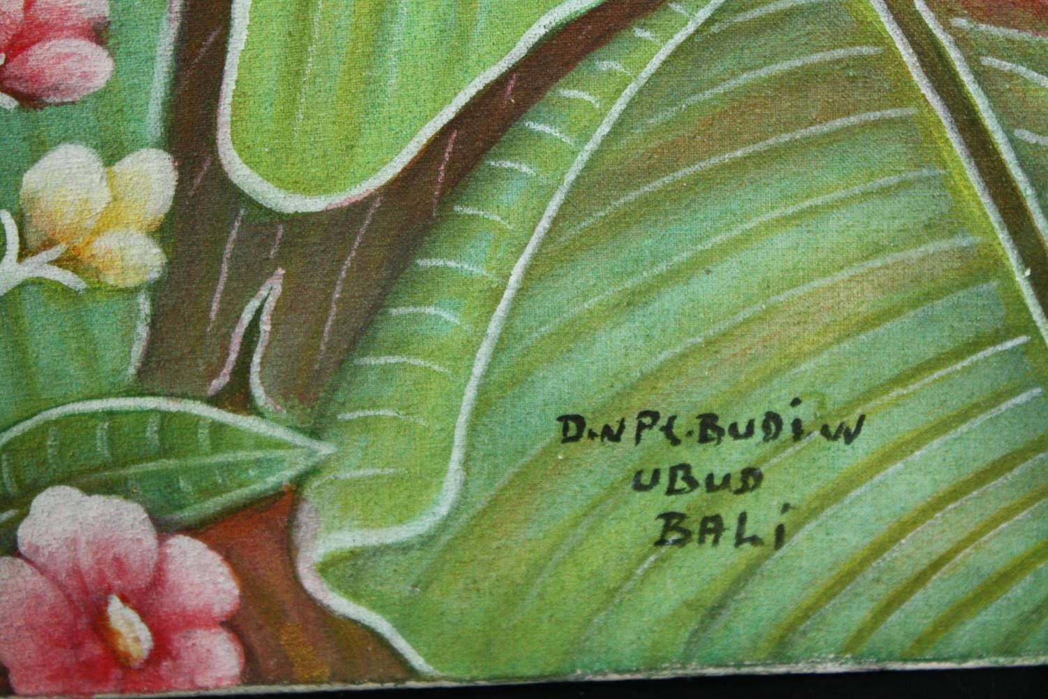 Acrylic on canvas, a variety of exotic birds in a Balinese jungle, signed. H.122 W.40cm. - Bild 4 aus 5