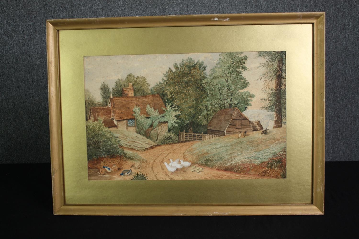 Watercolour, C.1900, geese and ducks on a path in a rural setting, framed and glazed. H.48 W.65cm. - Image 2 of 3