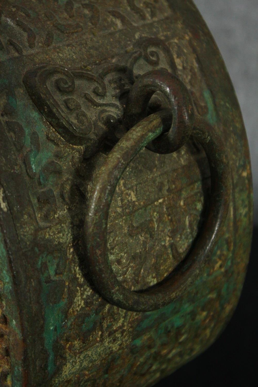 A Chinese gilt bronze archaic style Hu wine vessel converted for electricity. H.50 W.43 D.15cm. - Image 4 of 6