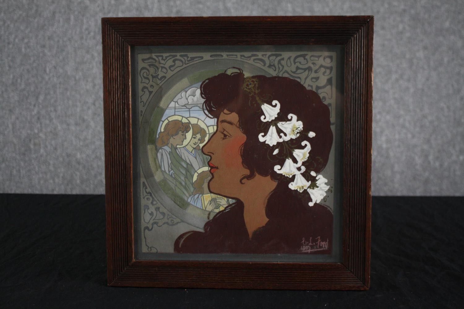 An art nouveau style profile portrait of a woman. Signed E. L. Ford and dated 1907. Framed. Probably - Image 2 of 4