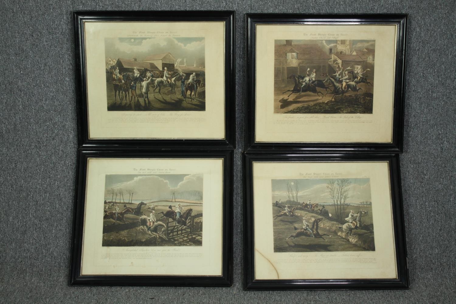 A set of four 19th century prints, The First Steeplechase on Record, framed and glazed. H.51 W.59cm.