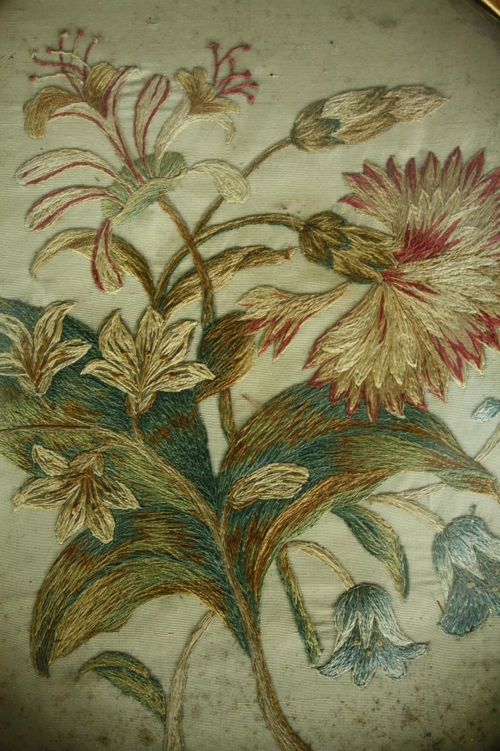 A pair of 19th century woolwork embroideries, honeysuckle, carnations and bluebells, framed and - Image 3 of 6
